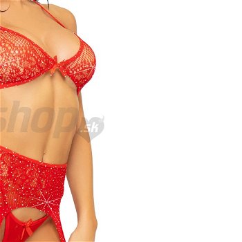 3-dielny set erotického prádla zdobený kamienkami červený