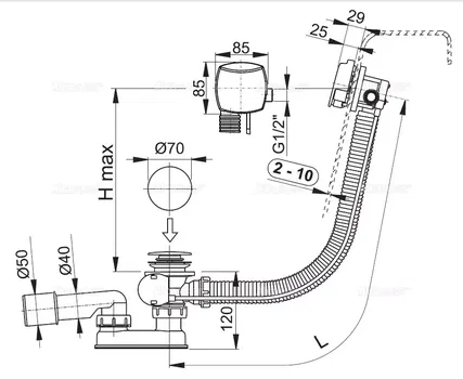 Alcadrain Sifón vaňový automat s napúšťaním prepadom, kov A564KM1-120 A564KM1-120