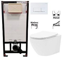 DEANTE Podstavný rám, pre závesné WC misy + SLIM tlačidlo bílé  + WC REA Carlo Flat Mini Rimlesss + SEDADLO CST_WC01 A51P CF1