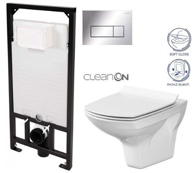 DEANTE Podstavný rám, pre závesné WC misy + SLIM tlačidlo chrom + WC CERSANIT CLEANON CARINA + SEDADLO CST_WC01 051P CA3
