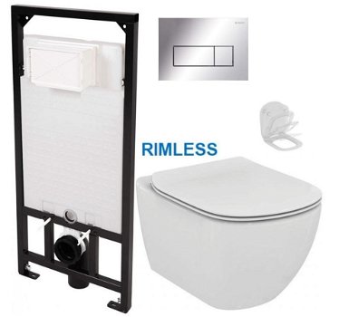 DEANTE Podstavný rám, pre závesné WC misy + SLIM tlačidlo chrom + WC Ideal Standard Tesi se sedlem RIMLESS CST_WC01 051P TE2