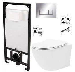 DEANTE Podstavný rám, pre závesné WC misy + SLIM tlačidlo chrom + WC REA Carlo Flat Mini Rimlesss + SEDADLO CST_WC01 051P CF1