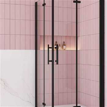 H K - Sprchovací kút MELODY BLACK R1180, 110x80 cm so zalamovacími dverami vrátane sprchovej vaničky z liateho mramoru SE-MELODYBLACKR1180/THOR-11080