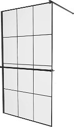 MEXEN/S - KIOTO Sprchová zástena WALK-IN s poličkou a držiakom uterákov 100 x 200, transparent/čierna 8 mm, čierna 800-100-121-70-77