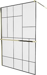 MEXEN/S - KIOTO Sprchová zástena WALK-IN s poličkou a držiakom uterákov 110 x 200, transparent/čierna 8 mm, zlatá 800-110-121-50-78