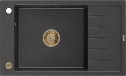 MEXEN/S MEXEN/S - Elias granitový drez 1-miska s odkvapkávačom 795 x 480 mm, čierny kropenatý, zlatý sifón 6511791005-76-G