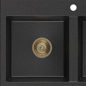 MEXEN/S MEXEN/S - Hektor granitový drez 2-bowl 800 x 480 mm, čierna/strieborná metalík, zlatý sifón 6521802000-73-G