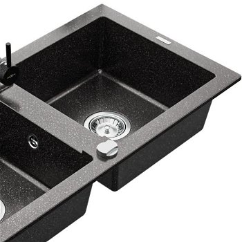 MEXEN/S MEXEN/S - Mario granitový drez 2-bowl vrátane batérie Telma, čierna kropenatý 6504-76-670200-76