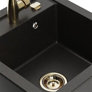 MEXEN/S MEXEN/S - Vito granitový drez 1-miska vrátane batérie Carla, čierna/zlatá metalik 6503-75-670700-50