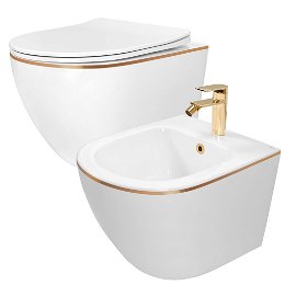 REA/S - Sada: WC misa CARLO Mini + bidet CARLO Mini biely so zlatým okrajom KPL-C1222