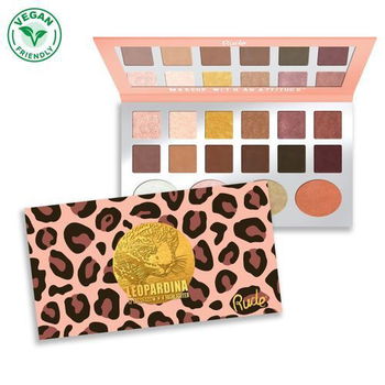 RUDE® Cosmetics Paletka 12 očných tieňov a 4 rozjasňovač Leopardina (Eyeshadow Palette)