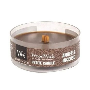 WoodWick Aromatická malá sviečka s dreveným knôtom Amber & Incense 31 g