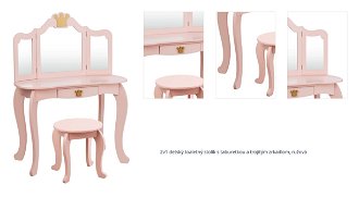 2v1 detský toaletný stolík s taburetkou a trojitým zrkadlom, ružová 1