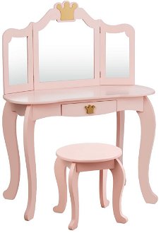 2v1 detský toaletný stolík s taburetkou a trojitým zrkadlom, ružová 2