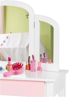 Detský toaletný stolík 2 v 1 s trojitým skladacím zrkadlom a zásuvkou v bielej farbe 7