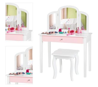 Detský toaletný stolík 2 v 1 s trojitým skladacím zrkadlom a zásuvkou v bielej farbe 4