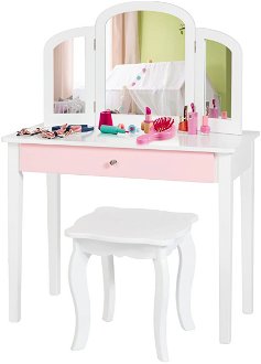 Detský toaletný stolík 2 v 1 s trojitým skladacím zrkadlom a zásuvkou v bielej farbe 2
