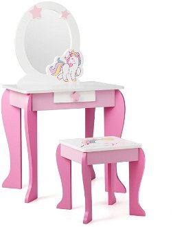 Detský toaletný stolík s taburetkou, odnímateľným zrkadlom, ružový/biely 2