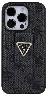 Guess PU Grip Stand 4G Strass Triangle Metal Logo Zadný Kryt pre iPhone 15 Pro, black