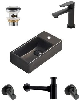 Kúpeľňový set pravého závesného umývadla Brevis 40,5 cm, pákové batérie, sifónu, prietokové zátky a roháčikov v čiernej farbe KSETBRE2PBKM