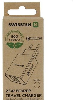 Nabíjačka Swissten 2 x USB QC 3.0 a USB 23 W, biela, eco balenie