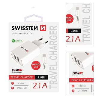 Nabíjačka Swissten Smart IC 2.1A s 2 USB konektormi a dátovým káblom USB/Micro USB, 1,2 m, biela 3