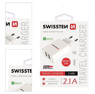 Nabíjačka Swissten Smart IC 2.1A s 2 USB konektormi a dátovým káblom USB/Micro USB, 1,2 m, biela 4