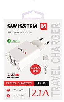 Nabíjačka Swissten Smart IC 2.1A s 2 USB konektormi a dátovým káblom USB/Micro USB, 1,2 m, biela