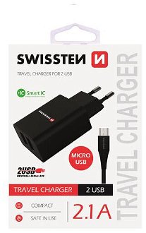 Nabíjačka Swissten Smart IC 2.1A s 2 USB konektormi a dátovým káblom USB/Micro USB, 1,2 m, čierna