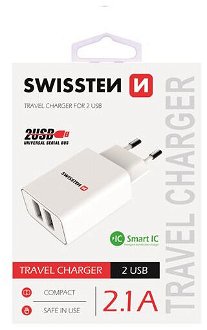 Nabíjačka Swissten Smart IC 2.1A s 2 USB konektormi, biela 2