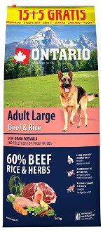 Ontario granuly Adult Large hovädzie mäso a ryža 15+5 kg zadarmo