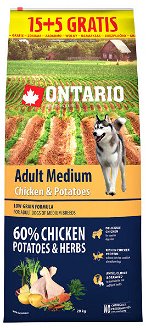 Ontario granuly Adult Medium kura a zemiaky 15+5 kg zadarmo