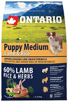 Ontario granuly Puppy Medium jahňa a ryža 2,25 kg