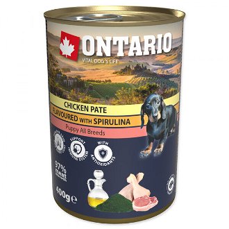 Ontario konzerva Puppy mleté kuracie mäso s príchuťou spiruliny a s lososovým olejom 400g 2