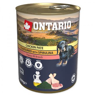 Ontario konzerva Puppy mleté kuracie s príchuťou spiruliny a s lososovým olejom 800g 2
