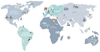 Nálepka na stenu - Mapa sveta farba: modrá, veľkosť: L (veľká)
