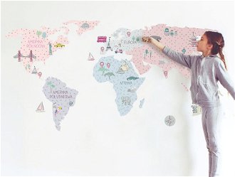 Pastelowe Love Nálepka na stenu - Mapa sveta barva: růžová, Velikost: M (střední)