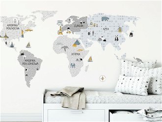 Nálepka na stenu - Mapa sveta farba: sivá, veľkosť: S (malá)