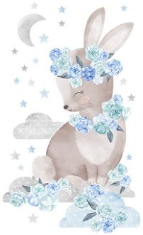 Nálepka na stenu - zvieratká - zajačik s kvetinami farba: modrá 2