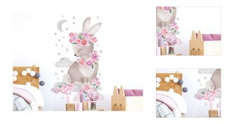 Nálepka na stenu - zvieratká - zajačik s kvetinami farba: ružová 3