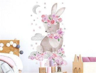 Nálepka na stenu - zvieratká - zajačik s kvetinami farba: ružová