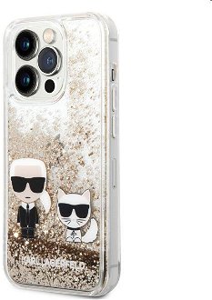 Puzdro Karl Lagerfeld Liquid Glitter Karl and Choupette for iPhone 14 Pro, gold