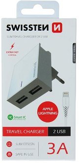 Rýchlonabíjačka Swissten Smart IC 3.A s 2 USB konektormi a dátový kábel USB / Lightning 1,2 m, biela