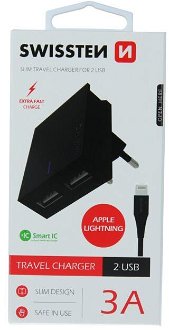 Rýchlonabíjačka Swissten Smart IC 3.A s 2 USB konektormi a dátový kábel USB / Lightning 1,2 m, čierna 2