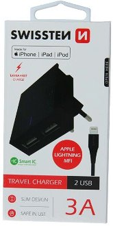 Rýchlonabíjačka Swissten Smart IC 3.A s 2 USB konektormi a dátový kábel USB / Lightning MFi 1,2 m, čierna