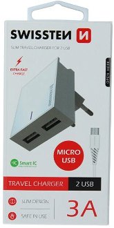 Rýchlonabíjačka Swissten Smart IC 3.A s 2 USB konektormi a dátový kábel USB / Micro USB 1,2 m, biela