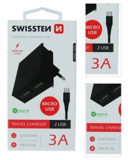 Rýchlonabíjačka Swissten Smart IC 3.A s 2 USB konektormi + dátový kábel USB / Micro USB 1,2 m, čierna 3