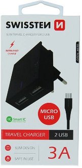 Rýchlonabíjačka Swissten Smart IC 3.A s 2 USB konektormi + dátový kábel USB / Micro USB 1,2 m, čierna