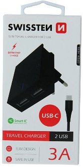 Rýchlonabíjačka Swissten Smart IC 3.A s 2 USB konektormi + dátový kábel USB / USB-C 1,2 m, čierna