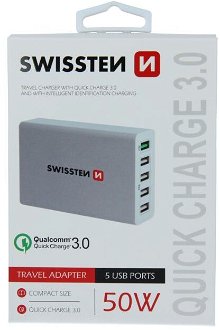 Rýchlonabíjačka Swissten Smart IC 50W s podporou QuickCharge 3.0 a 5 USB konektormi, biela